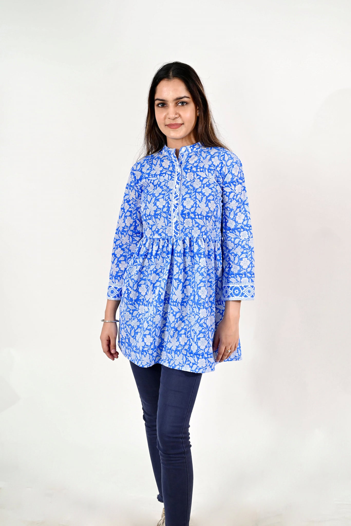 Women White & Blue Block Print Tunic