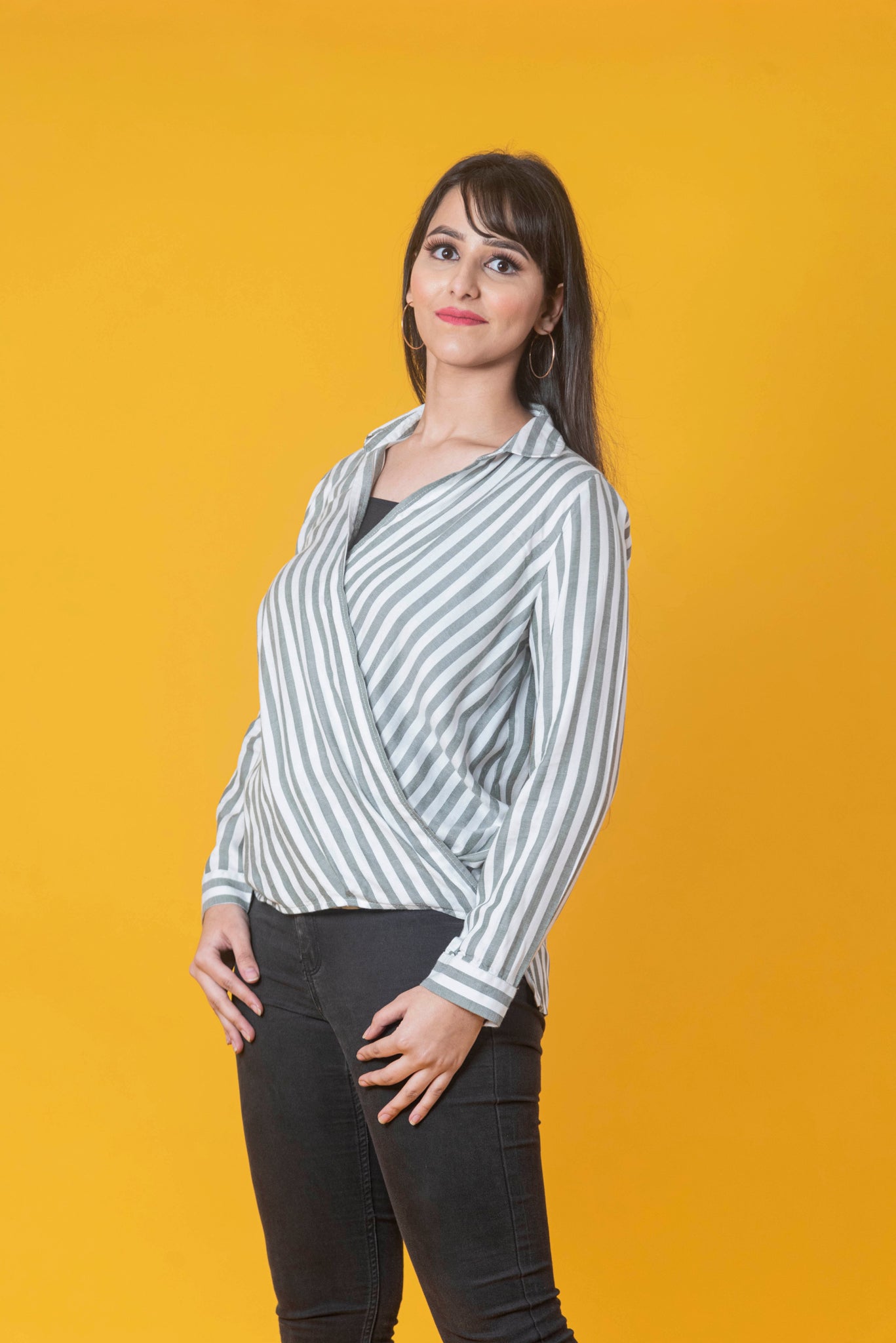 White and Grey Striped wrap top