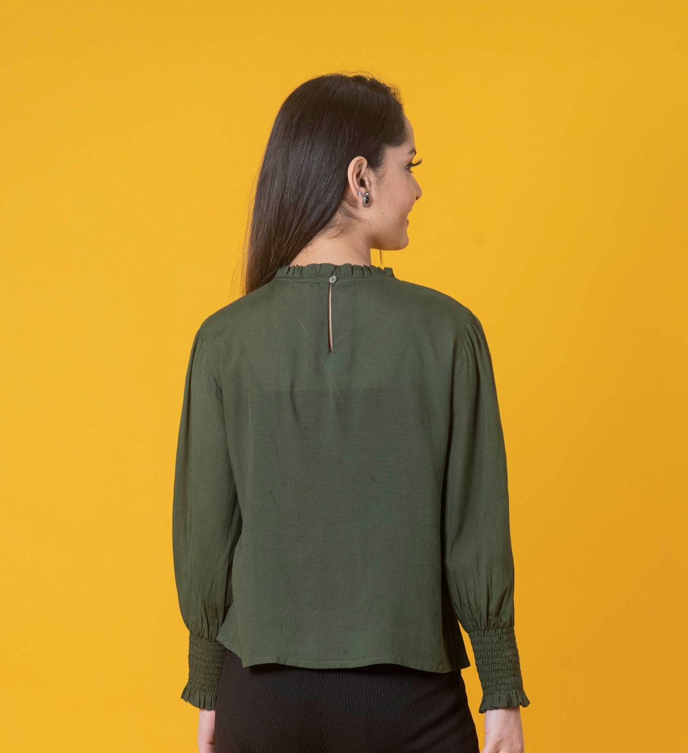 Women Olive Green Solid Smocking Detailed Top
