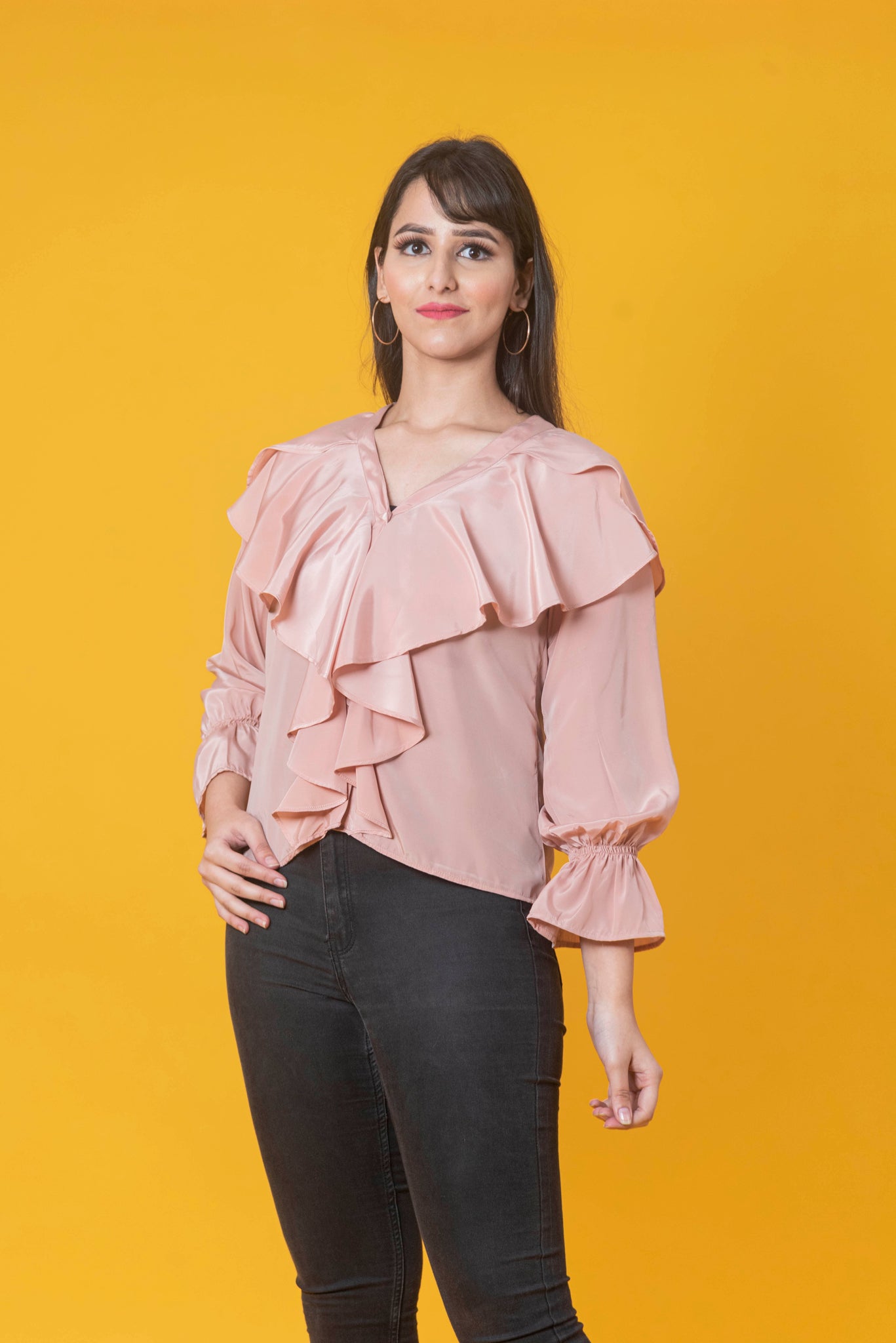 Pink V-Neck Ruffled Top