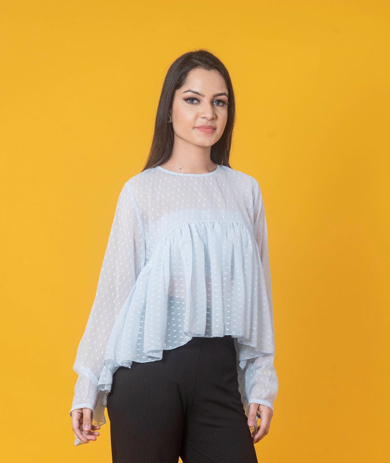 Women Blue Dobby Flared Top