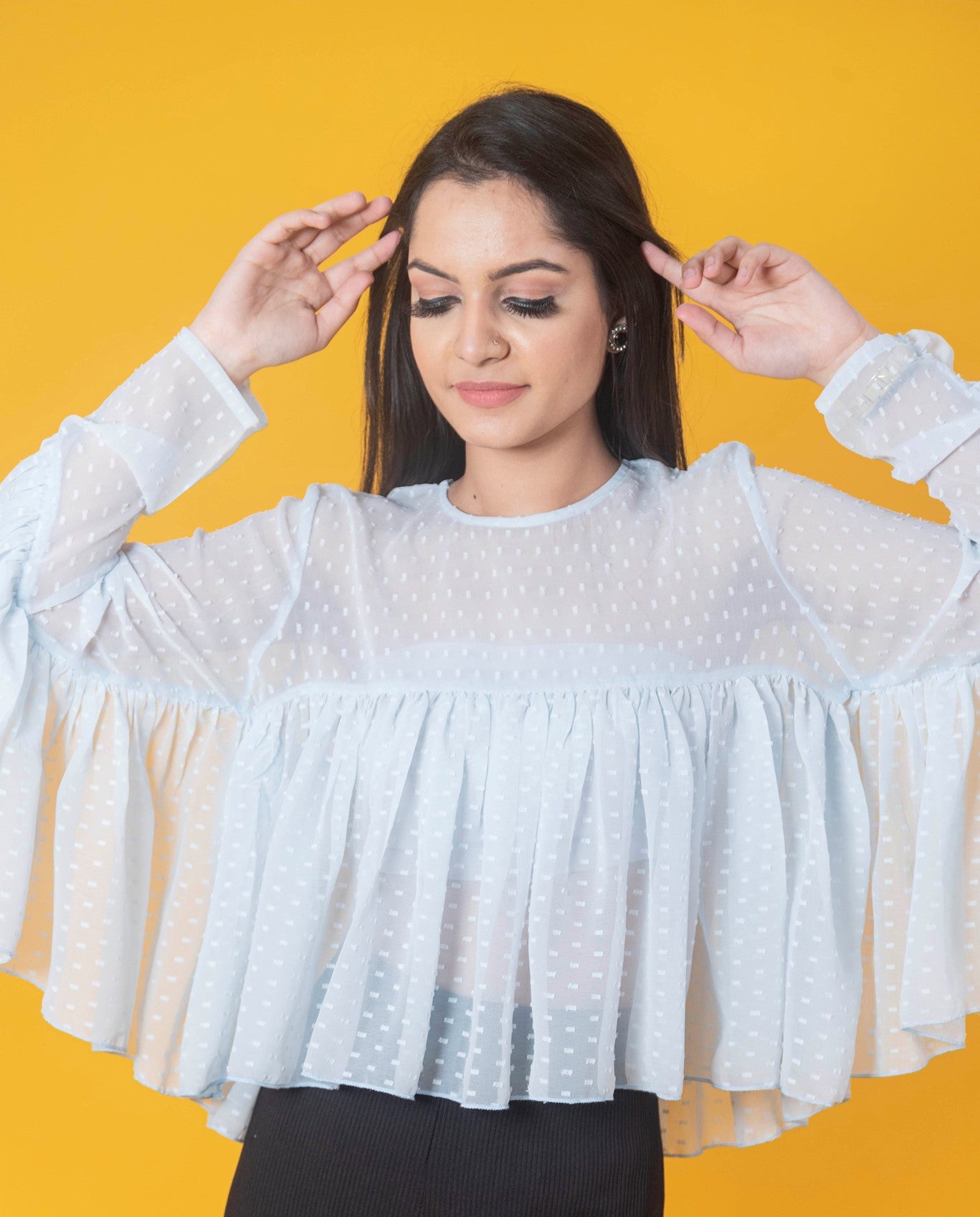 Women Blue Dobby Flared Top