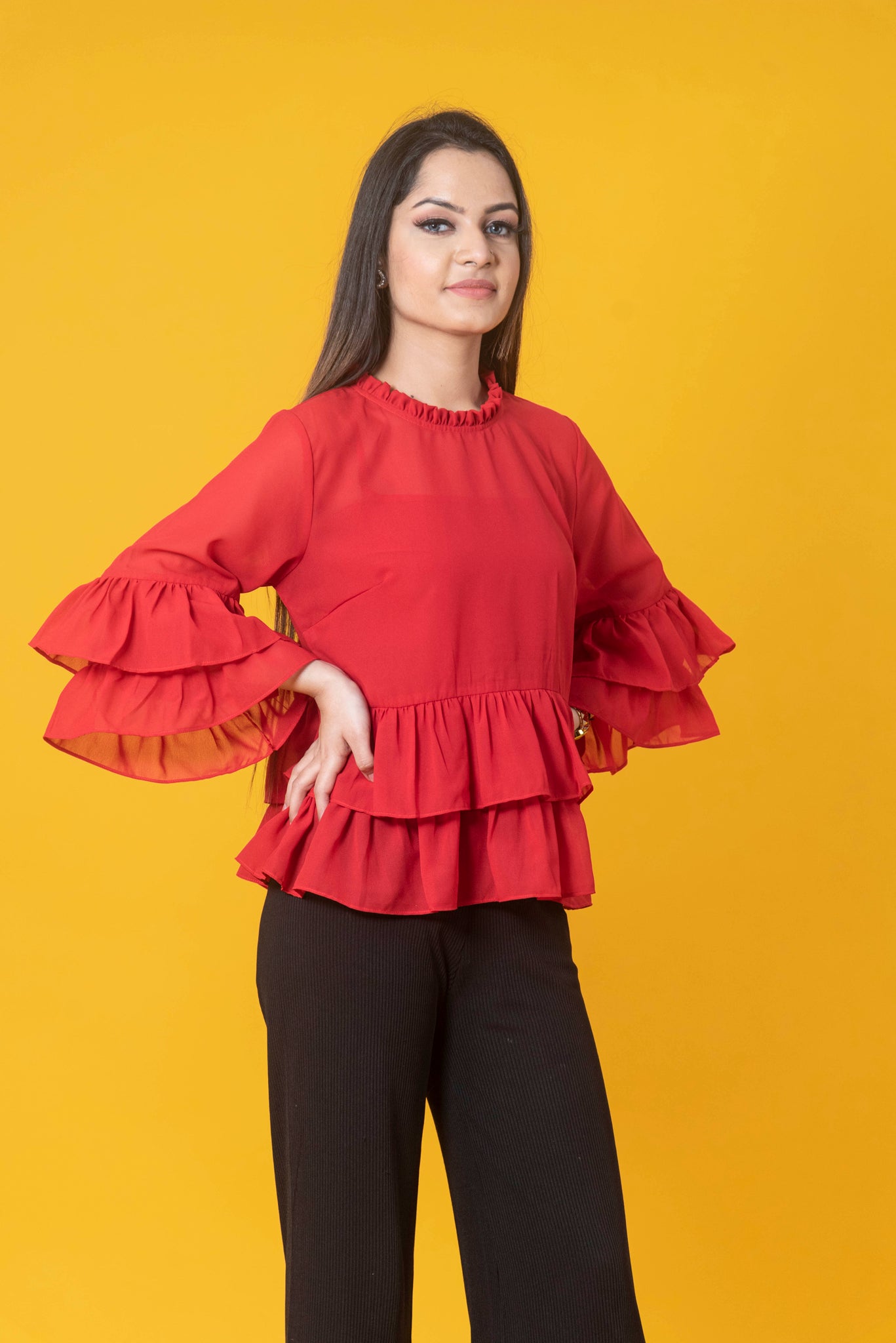Red solid regular top with ruffle