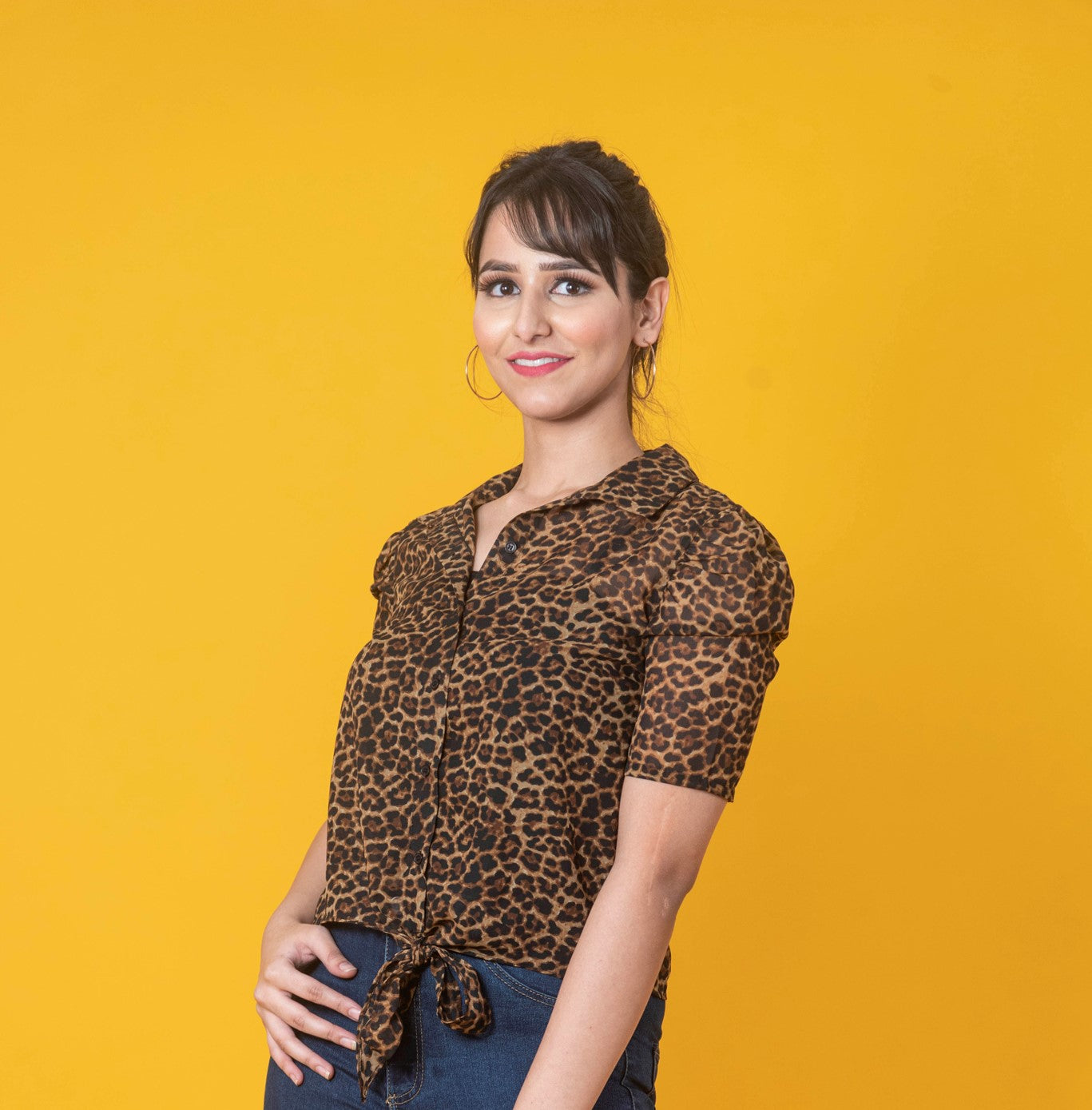 Printed Shirt Style Crop Top