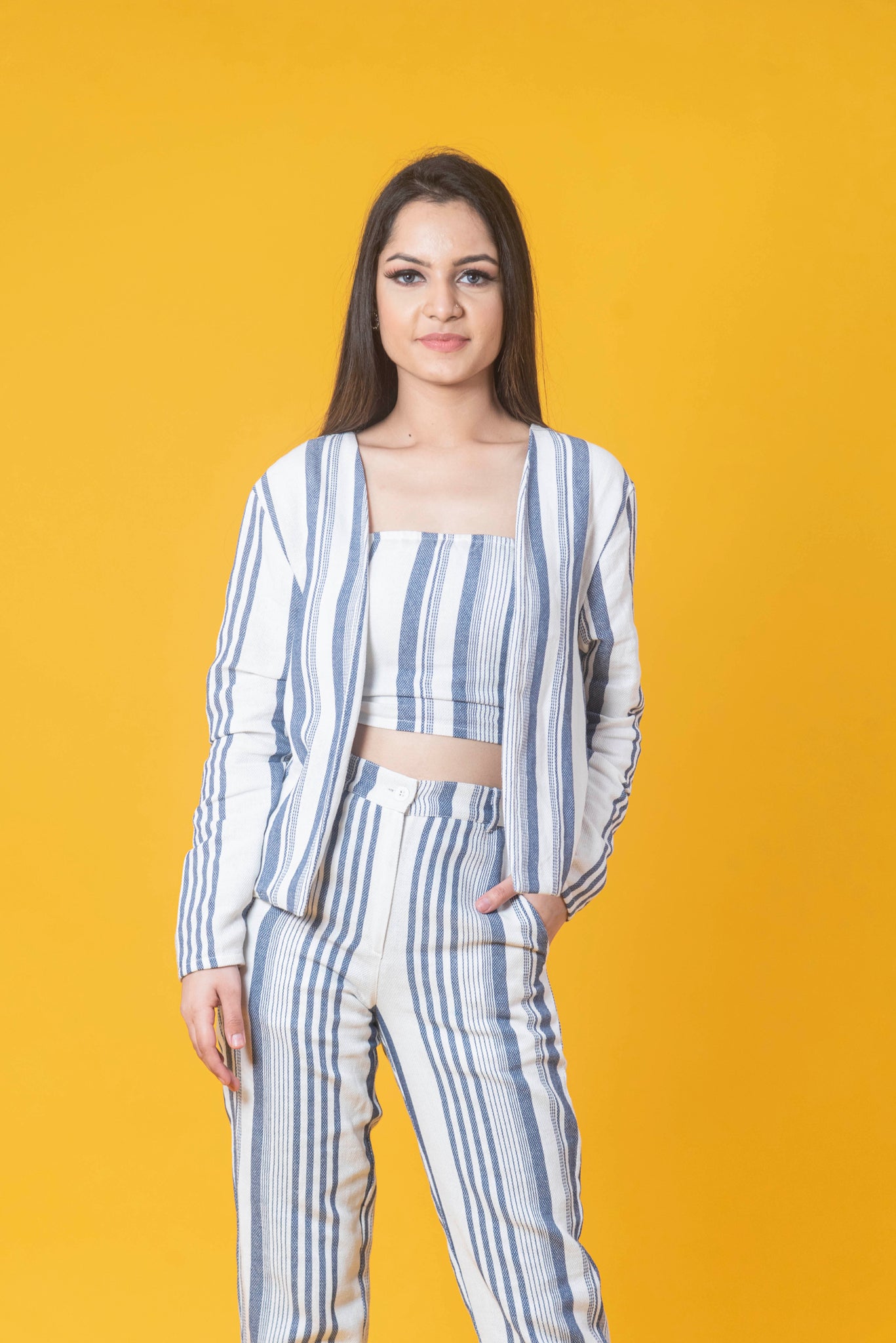 Women Stunning Blue Striped 3 Pc Set