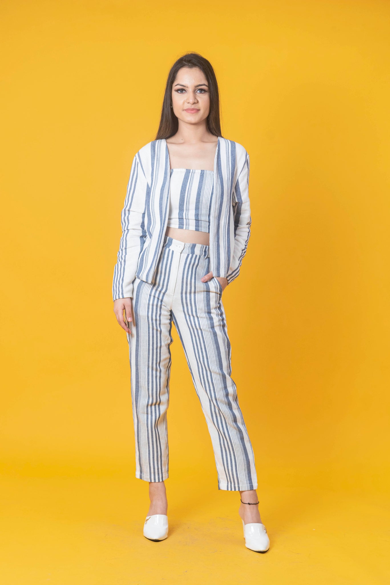 Women Stunning Blue Striped 3 Pc Set