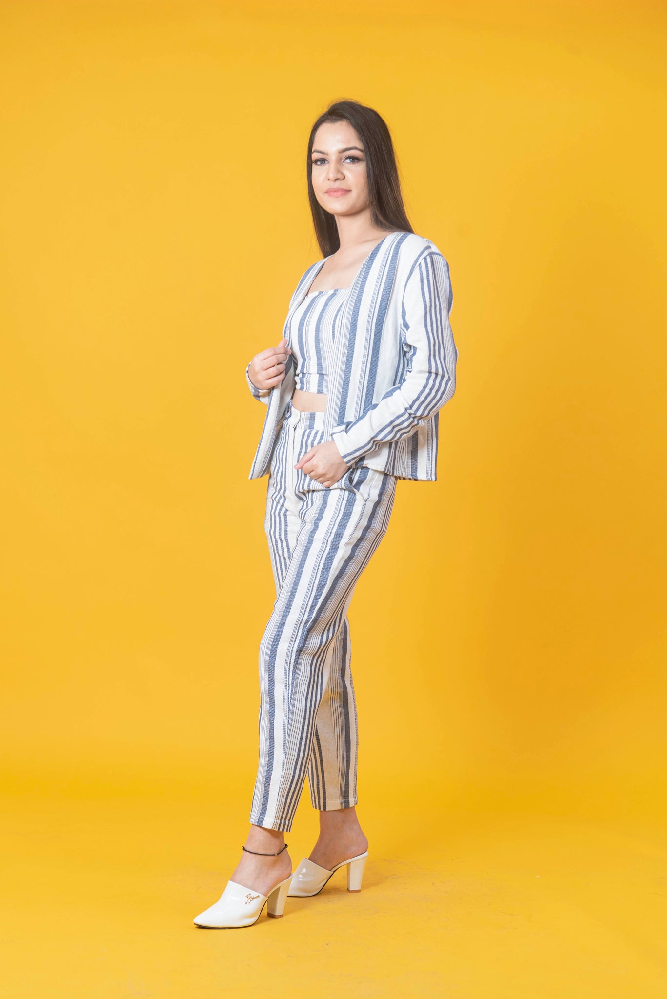 Women Stunning Blue Striped 3 Pc Set