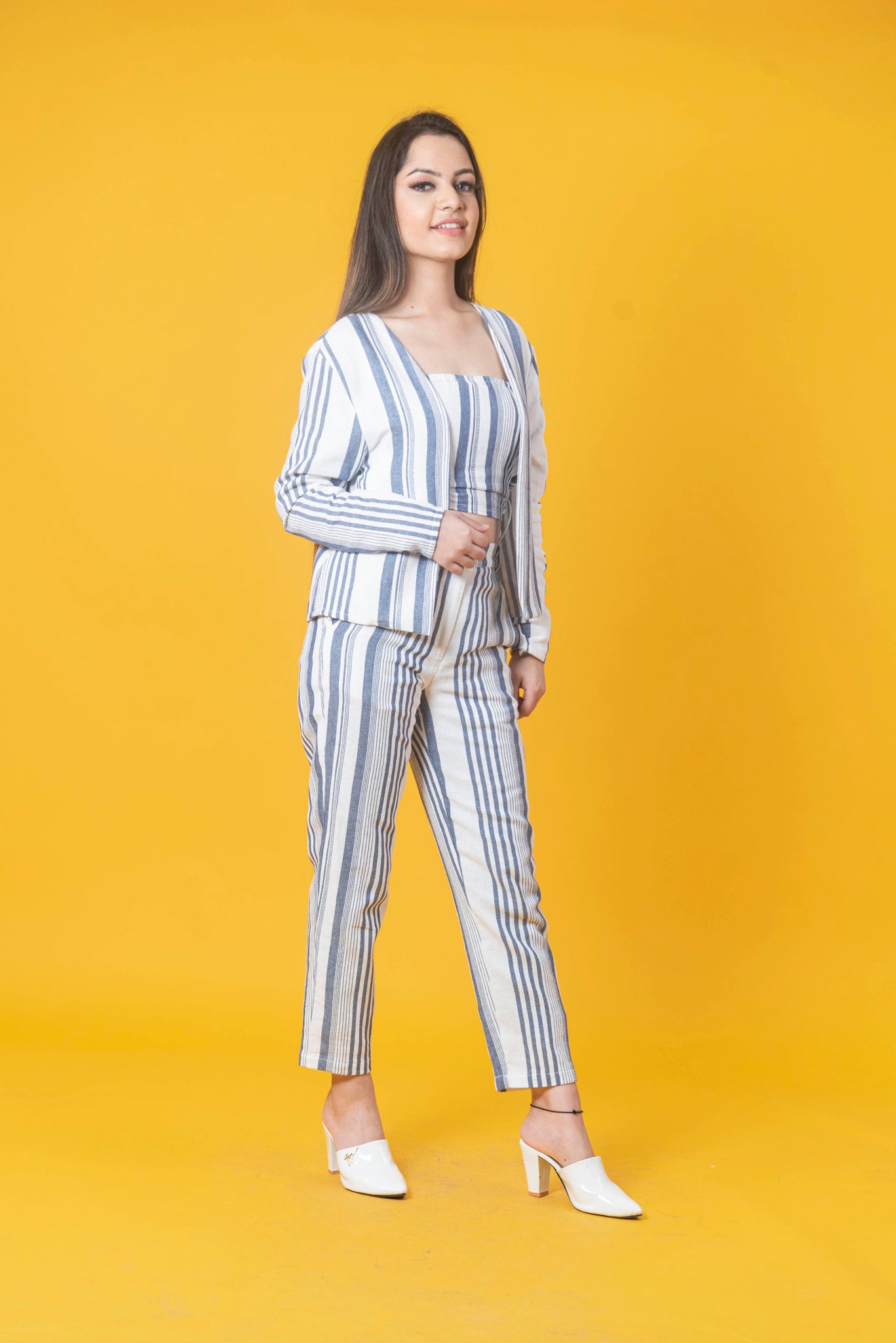 Women Stunning Blue Striped 3 Pc Set