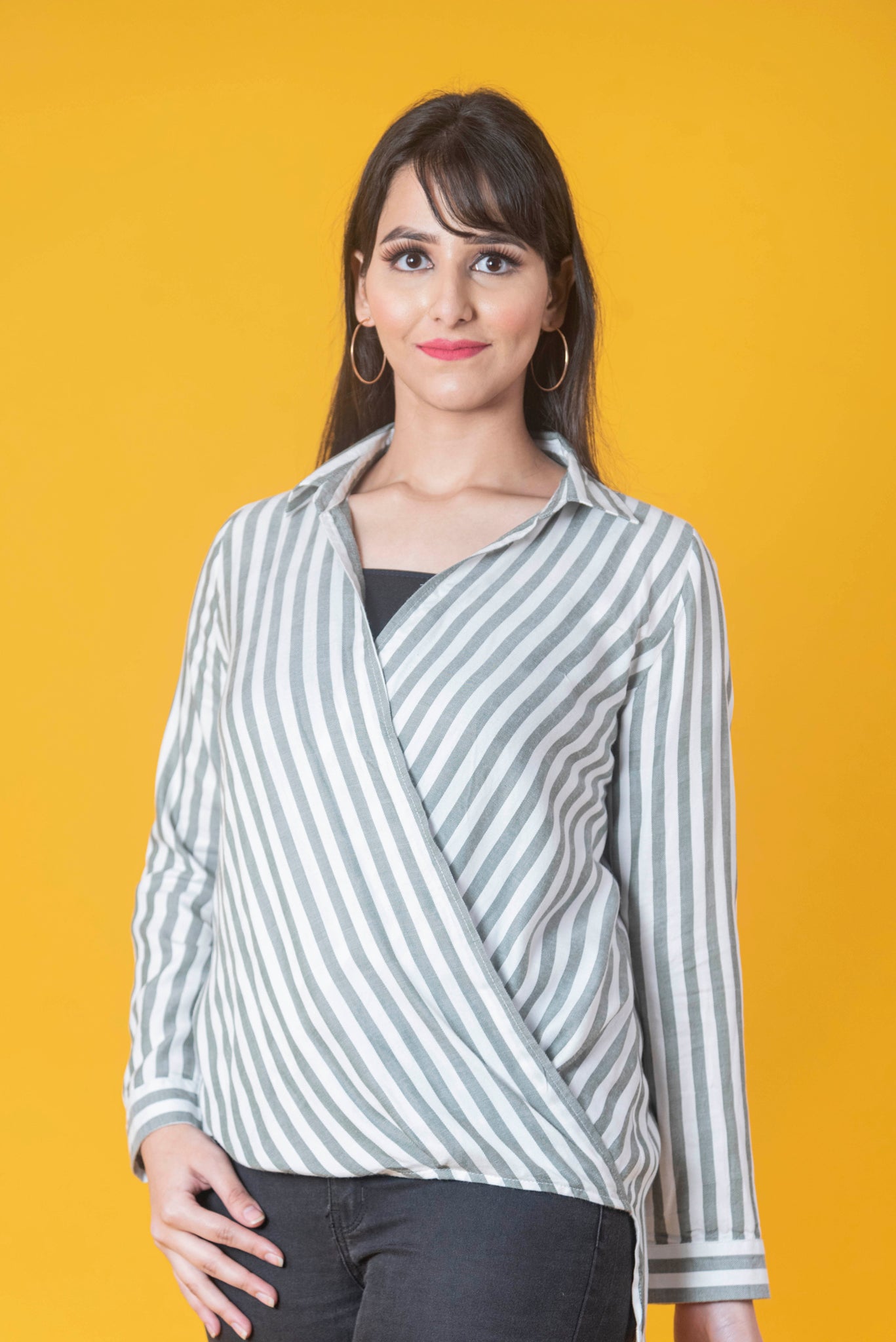 White and Grey Striped wrap top