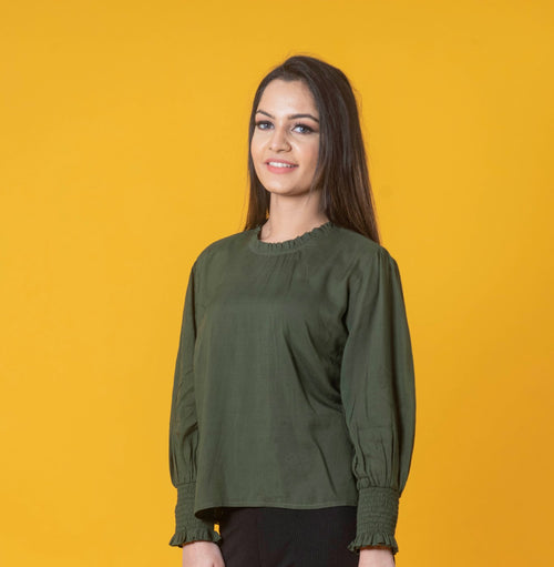 Women Olive Green Solid Smocking Detailed Top