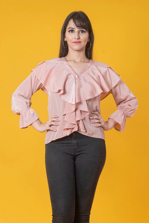 Pink V-Neck Ruffled Top