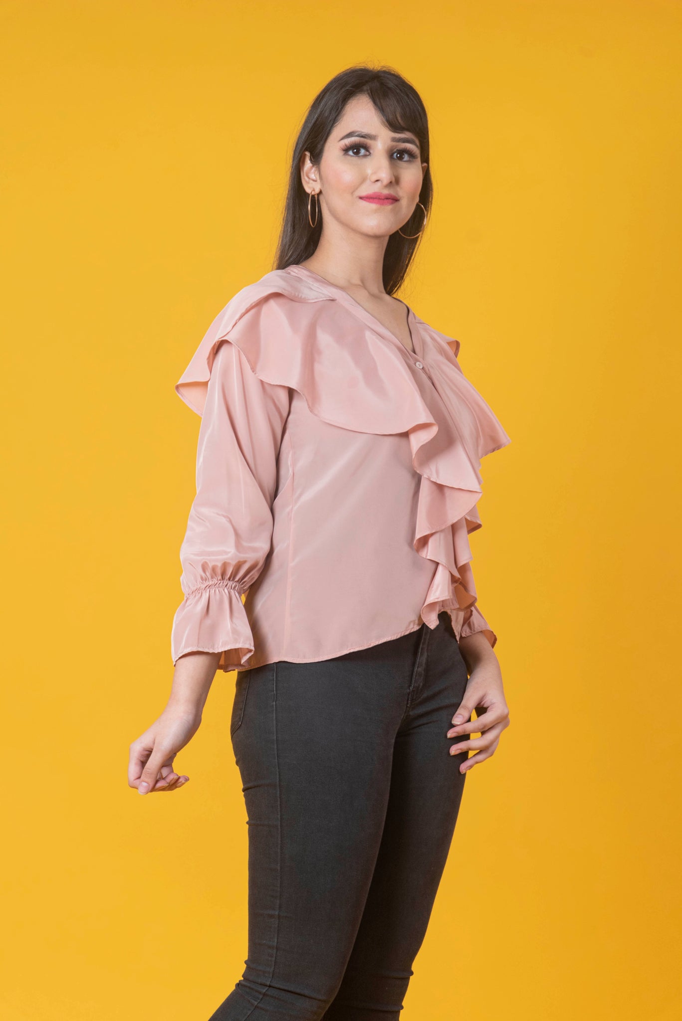 Pink V-Neck Ruffled Top