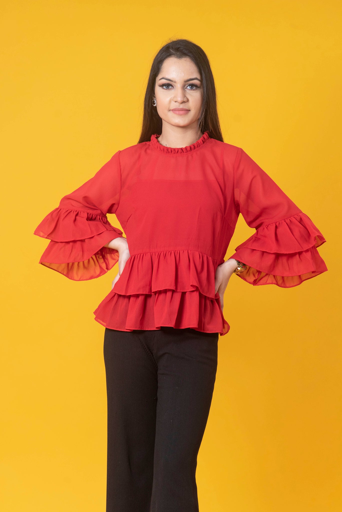 Red solid regular top with ruffle