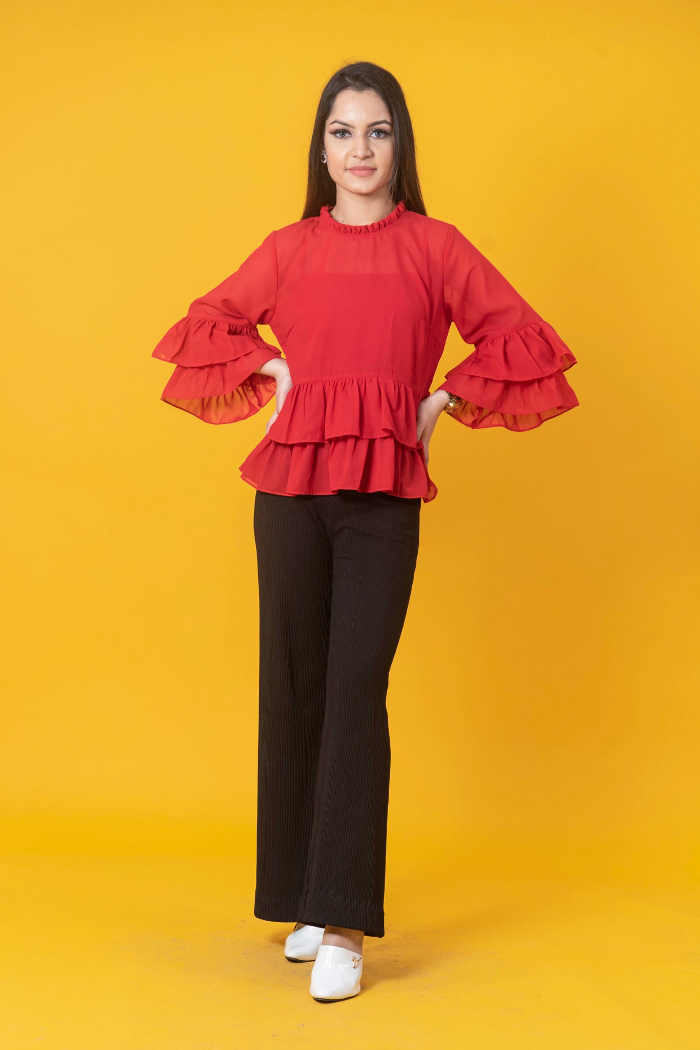 Red solid regular top with ruffle
