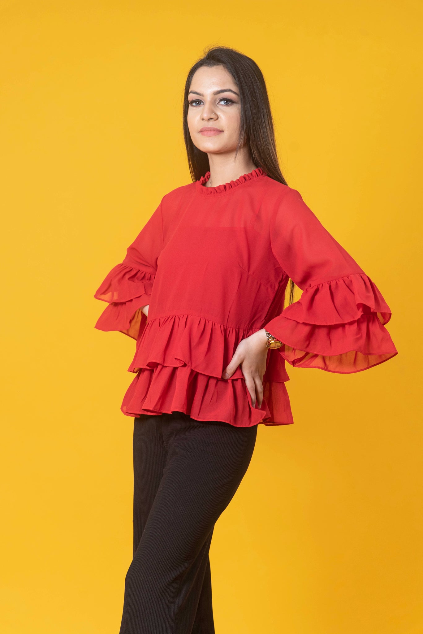 Red solid regular top with ruffle