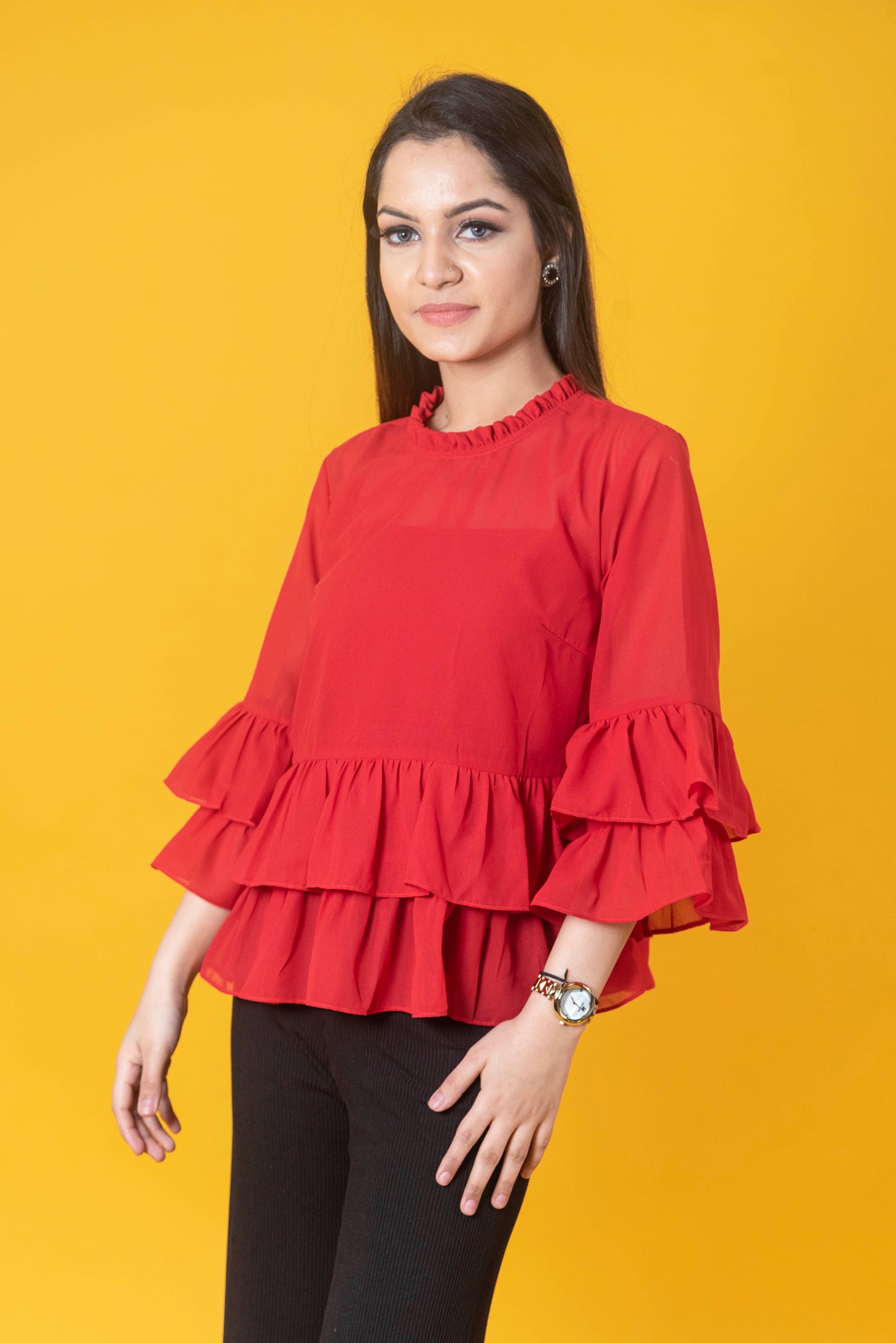 Red solid regular top with ruffle