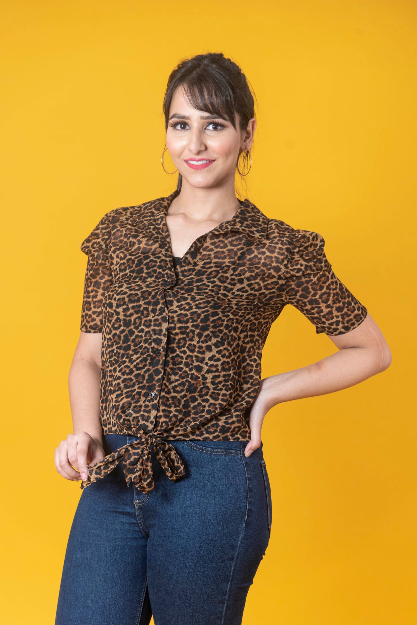 Printed Shirt Style Crop Top