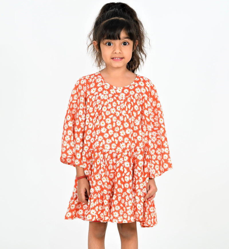 Girls Red-White Daisy Print Dress